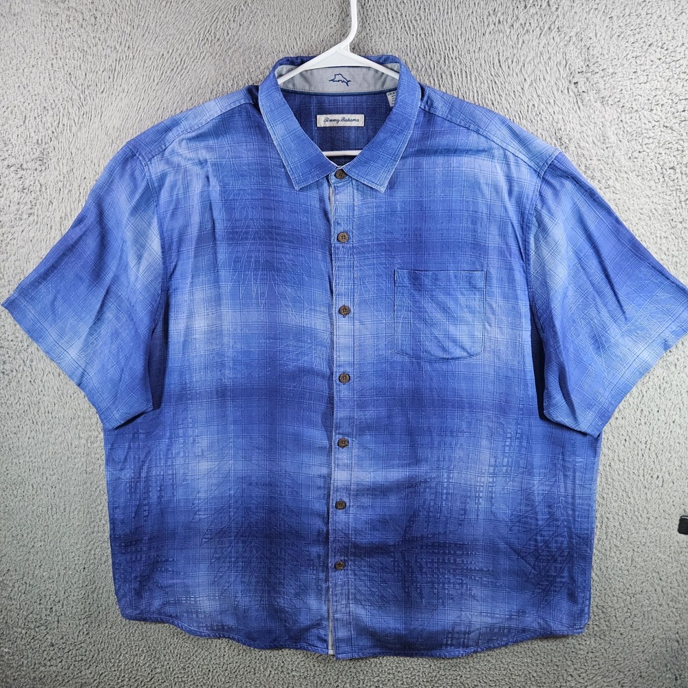 Tommy Bahama Mens 2XLB Blue Ombre Plaid Silk Short Sleeve Button Up Shirt